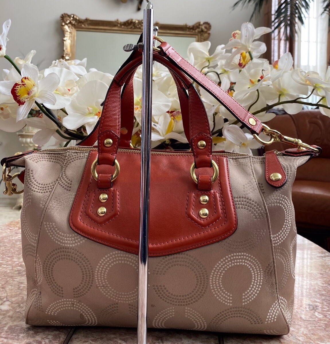 バッグ・カバンその他 COACH Ashley Dotted OP Satchel F20027 Coach Ashley Dotted Op Art Beige Orange Carryall Satchel