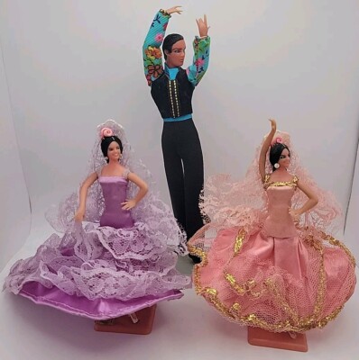 3+ Vintage Marin Chiclana Spanish FLAMENCO DANCER DOLLS W/ Stands Made In Spain 