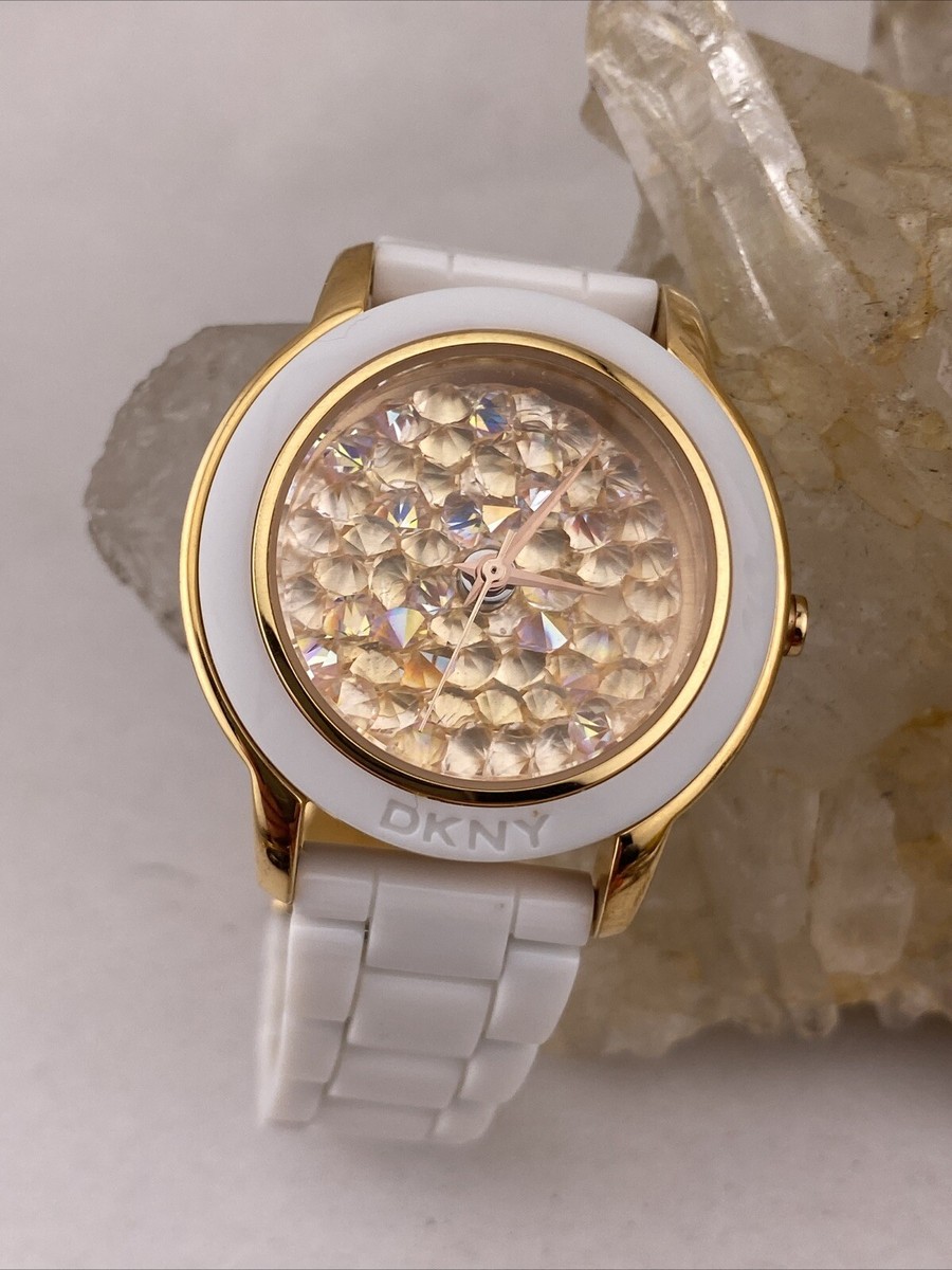 DKNY Pave Crystal Gold & White Acrylic Band Watch With New 