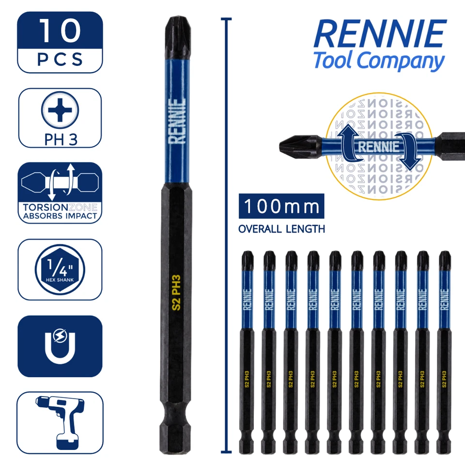 RENNIE TOOL COMAPNY 10 x PH3 100mm Long Magnetic Impact Duty Screwdriver Drill Driver Bits Phillips
