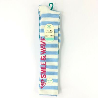 2 PK Roxy Girls Knee Socks Blue-White-Teal Smile & Wave Sizes 6-8 or 9-11 NEW