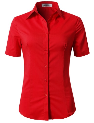 Womens Button Down Shirt Basic SLIM FIT Simple Short Sleeve Collared S010 - Picture 65 of 95