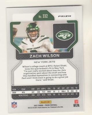 2021 Panini Prizm ORANGE LAZER PRIZM #332 ZACH WILSON RC Rookie