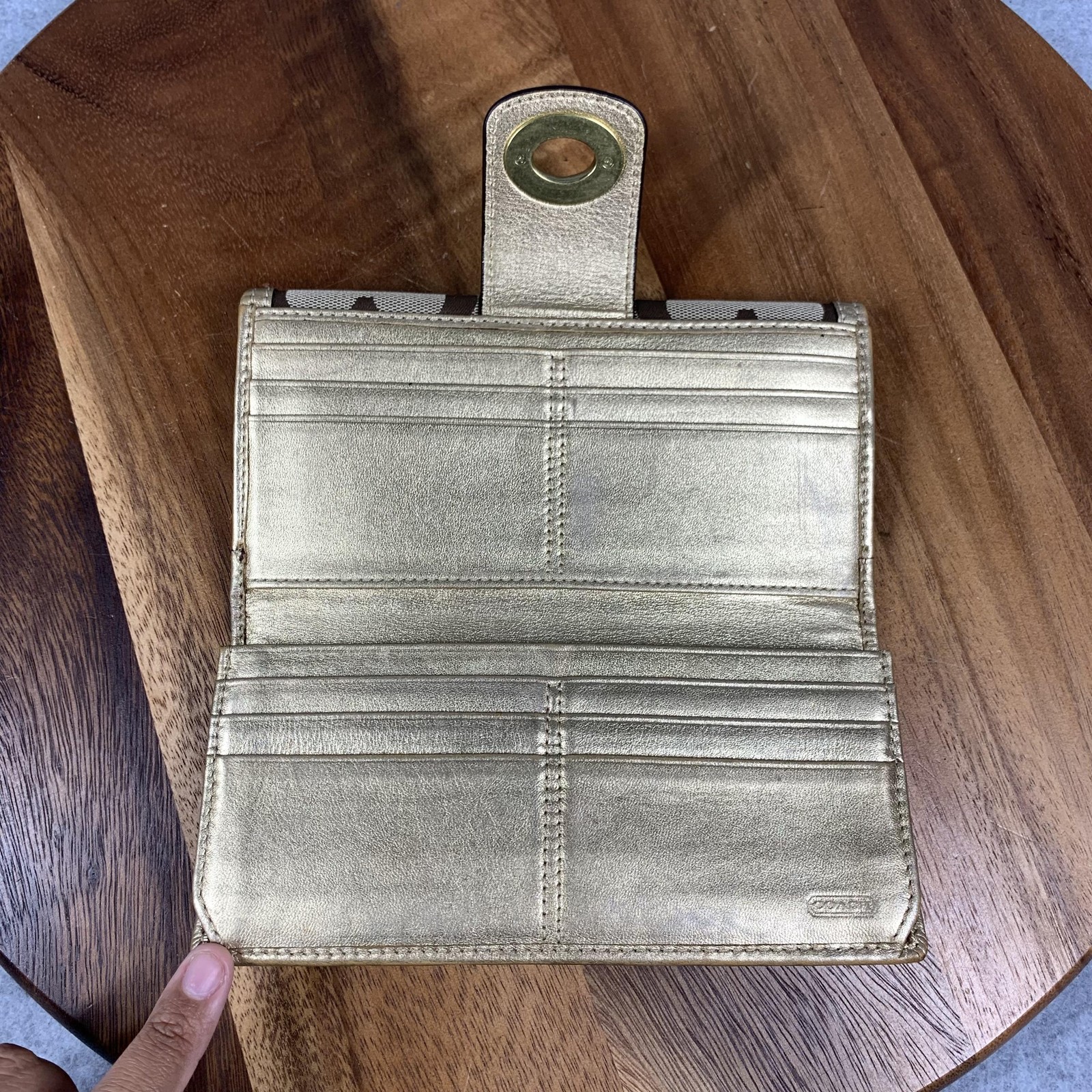 Coach Signature Wallet Womens Brown Gold Turnlock Canvas Leather Long Checkbook thumbnail 9