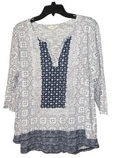Lucky Brand 3/4 Sleeve V Neck Boho Top Geometric Print Cotton Modal White 1X