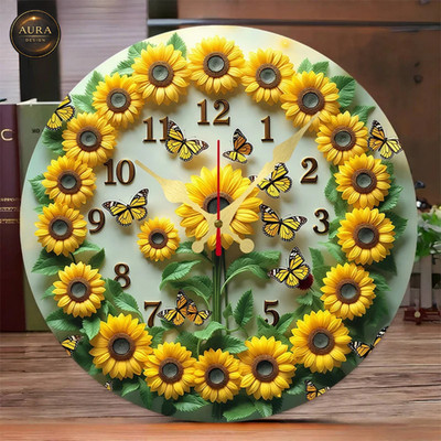 25cm Modern Wall Clock   Green Leaves and Sunflowers Design for Home 2D