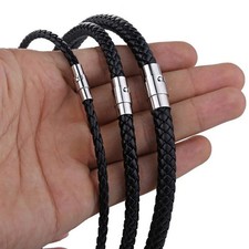 4/6/8MM Mens Black Braided Cord Rope Leather Necklace Choker w/ Magnetic Clasp