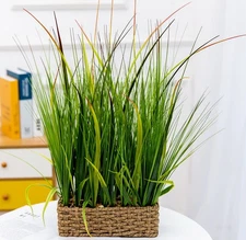 20 inch Evergreen Sea Grass Plant in Leather Woven Planter Realistic Looking ...