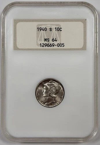 1940-S 10c Mercury Silver Dime - NGC  3.0 MS64 - Fatty Gold Embossed Holder
