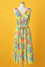 Talbots Floral Parrot Print Fit & Flare Midi Dress Sz 10 Yellow V-Neck Tie Waist