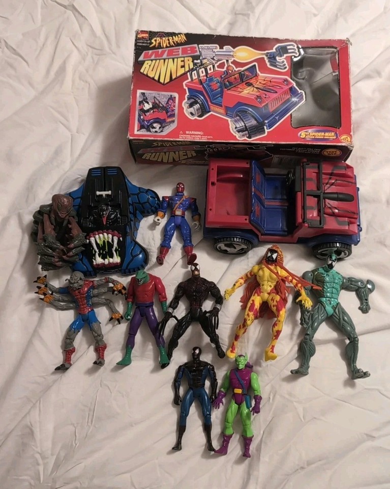 A chunky lot of 90s Toy Biz Animated Series Spider-Man figures — the exact toys that defined a generation of Saturday morning cartoon kids.