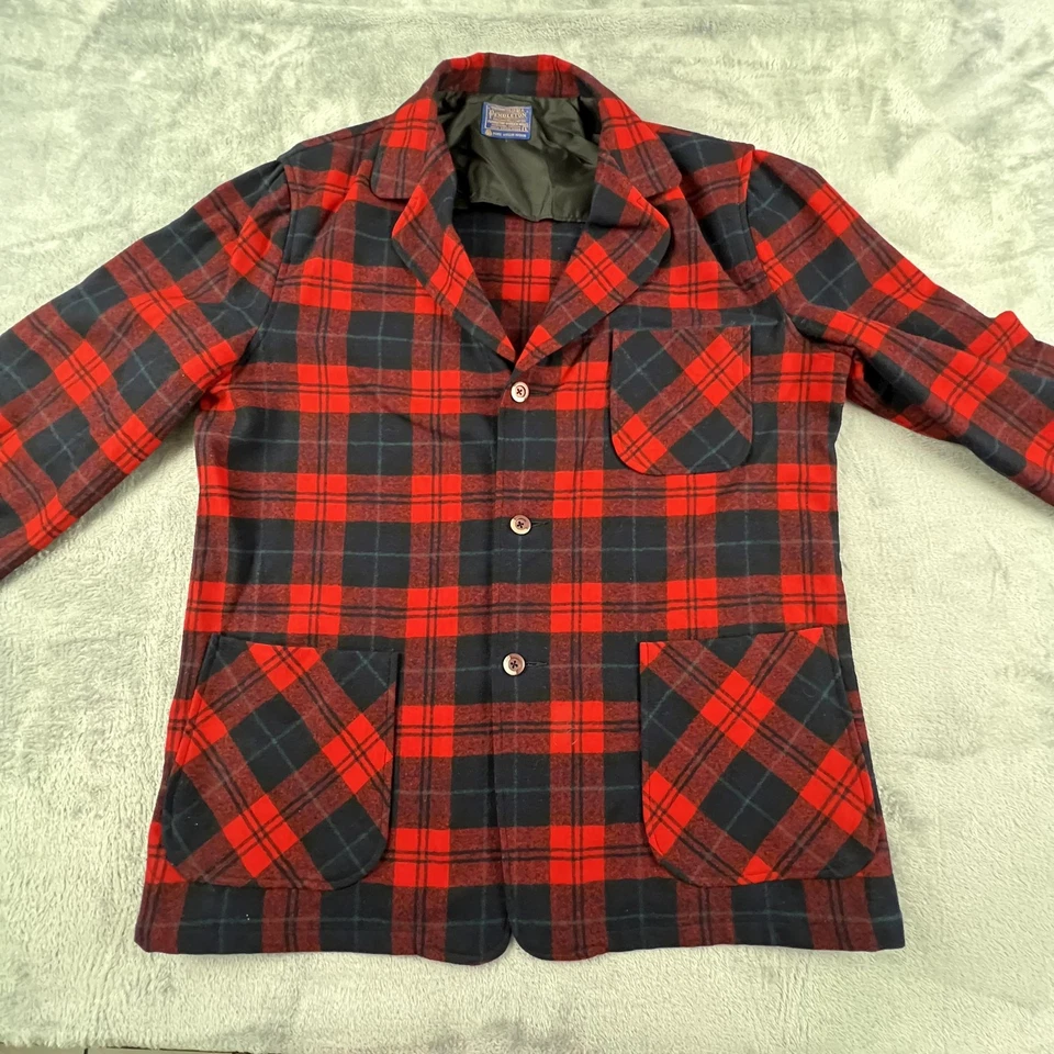 Vintage Pendleton Jacket Mens Large Red Black Plaid Wool Sport Coat 60s Holidays - Image 2 of 4