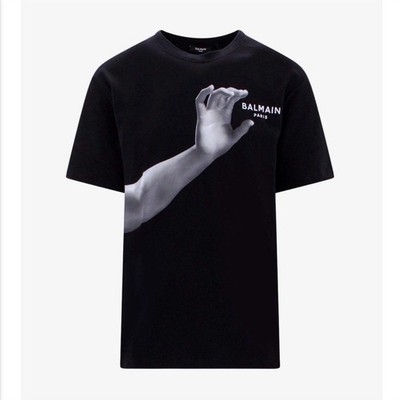 Balmain NWT  Statue Print Logo Black Cotton Ribbed Trims Men's XXL Jersey T 