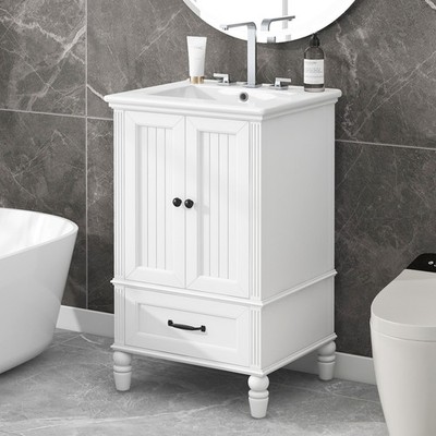 20 Inch White MDF Bathroom Vanity with Semilune Ceramic Sink 2 Door Cabinet