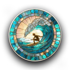 Surfer Riding a Wave Sea Ocean Stained Glass Window Opaque Vinyl Sticker Decal