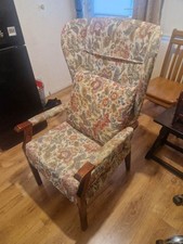 Vintage Chair wingback armchair exposed wooden arms and legs floral upholstery