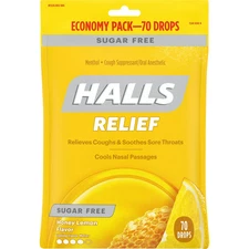 HALLS Relief Honey Lemon Sugar Free Cough Drops, Economy Pack, 70 Drops