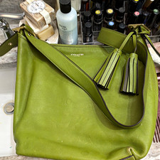 Coach Borsa a Tracolla Verde Zip Nappa Borsa Charm Tasche Interne Oro Beige