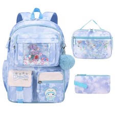 3PCS Blue Girls Backpack Set, Lunch Box, Pencil Case, Teens, Elementary, Kids