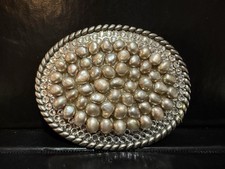 Vintage Oval Rhinestone  Freshwater Pearl Belt Buckle Silver Tone