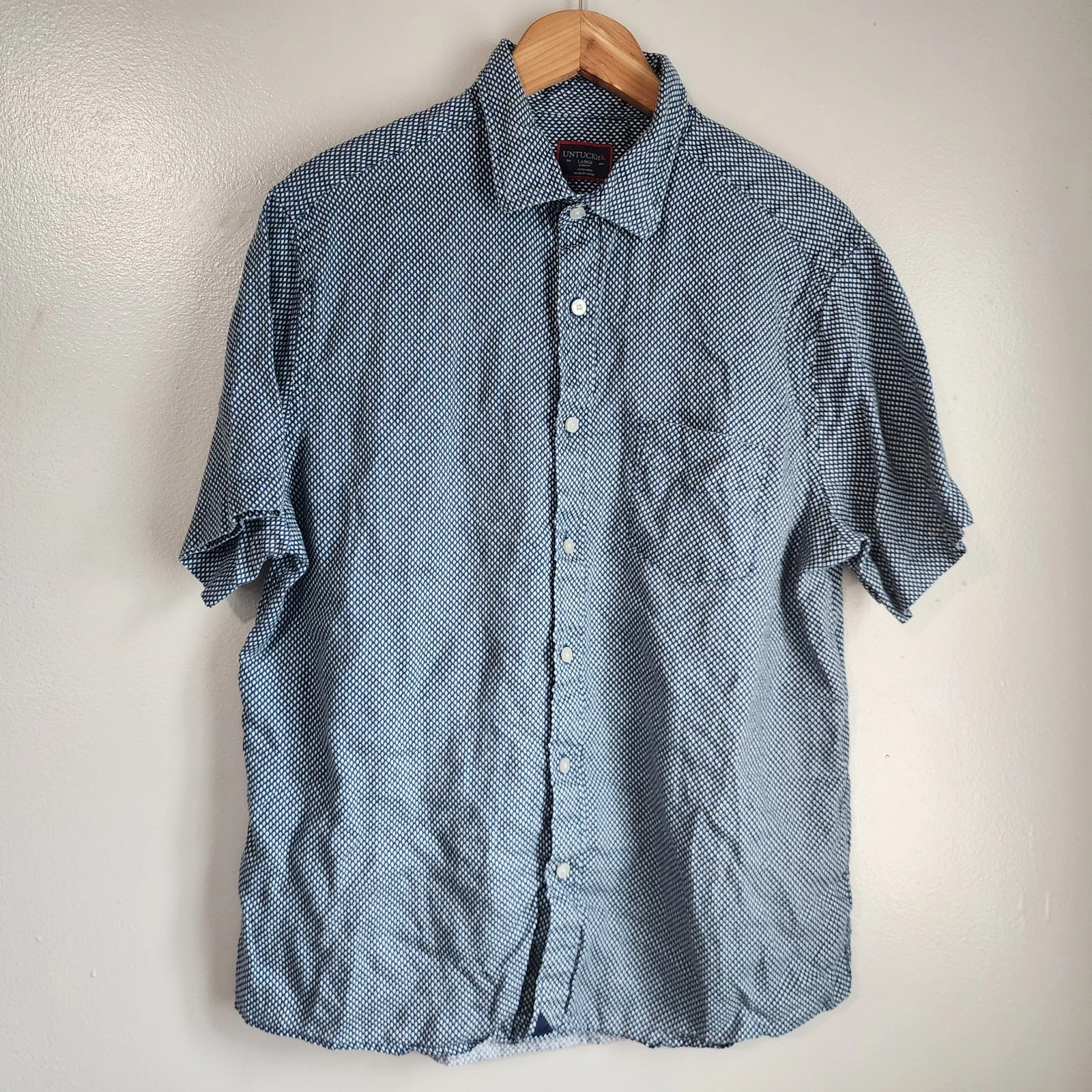 UNTUCKit Cadalso Linen Button Down Short Sleeve Shirt Slim Fit Navy Blue Mens L