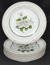 Set of 6 White Rose 3939 Japan 7 5/8” Porcelain Rimmed Soup Bowls Platinum Trim