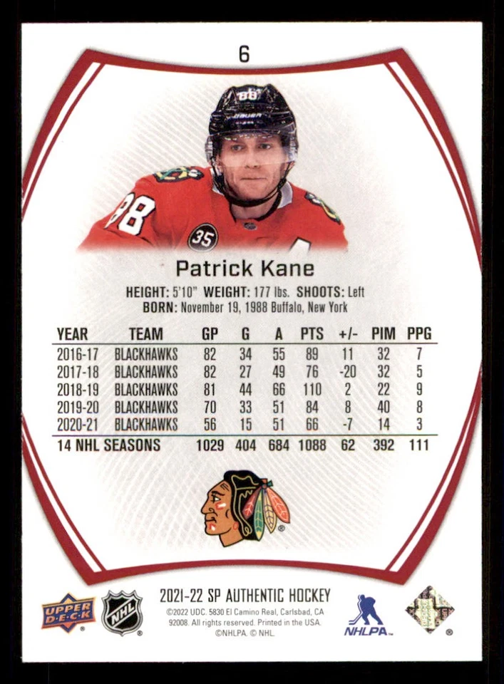 2021-22 SP Authentic Limited Red #6 Patrick Kane - Image 2 of 2