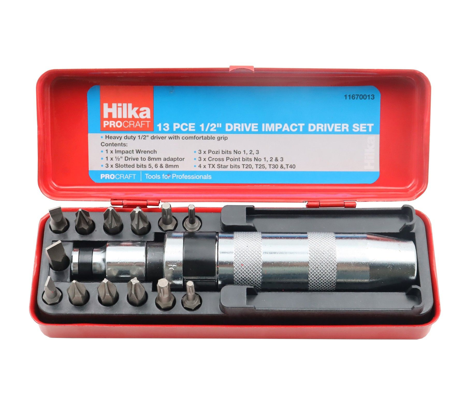 Hilka Heavy Duty 1/2"" Dr Hand Impact Screw Driver 13 Impact Screwdriver Bits - Image 2