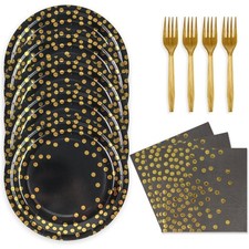 Black and Gold Disposable Paper Plates and Na...