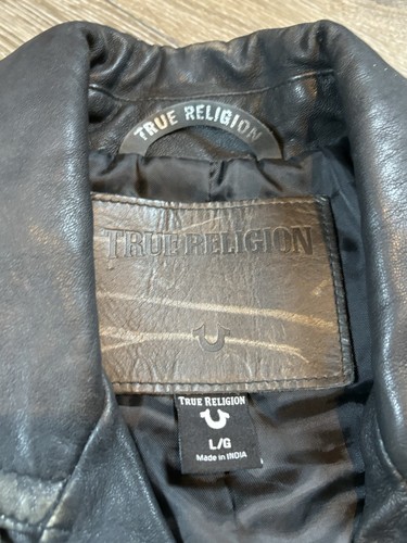 True Religion Men's Real Leather Black Biker Rock Jacket Size Large Full Zip - Picture 5 of 9