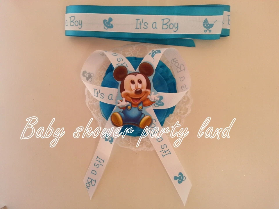 Baby Shower Mickey Mouse Mom To Be It's a Boy Sash Blue Ribbon with Corsage  - Image 4 of 4