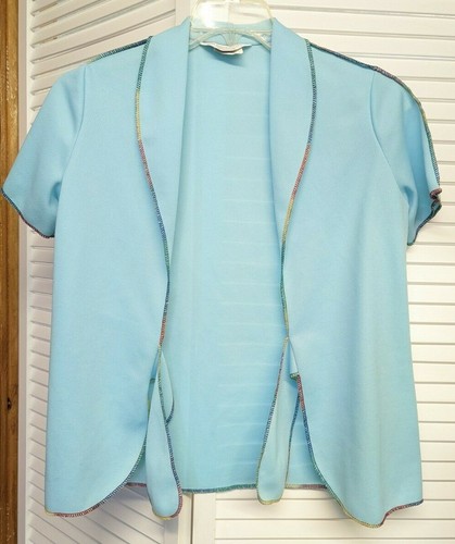 Vtg 3 Pc JC Penney Fashions Womens Pants Top Jacket Blue Rainbow Bell Bottom 70s - Picture 2 of 12