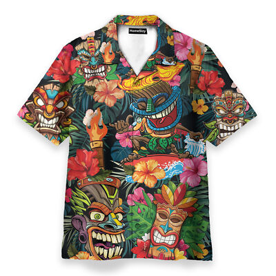 Aloha Summer Tiki Tiki Surfuring   Hawaiian Shir