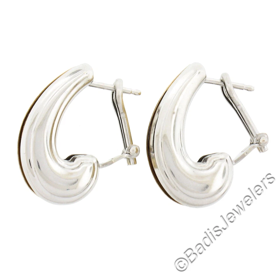 Solid 18K Yellow & White Gold Textured Polished Grooved Cuff Omega Earrings - Image 3 of 4