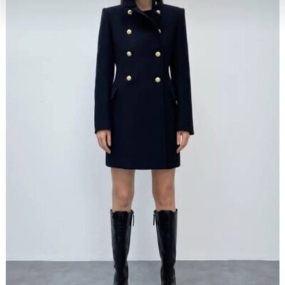 ZARA WOMAN Double Breasted Viscose Blend Stretch Coat-Size S-Black