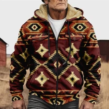 Men's Folk Graphic Winter Fleece Lined Hoodie Sweater Retro Zip Jacket