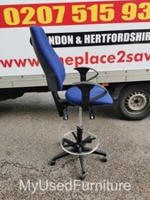 Used Draughtsman Chair High Back Adjustable Height Ergonomic w/ Foot Ring- Blue