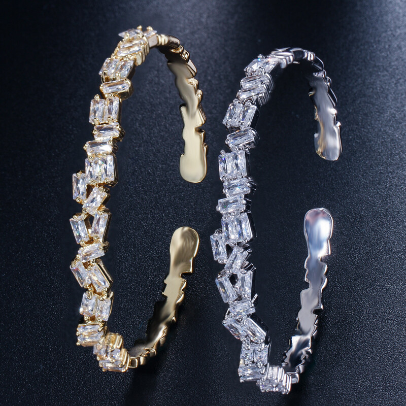 Shiny Zircon Crystal Gold Plated Adjustable Open Bangle Bracelet for Women Party
