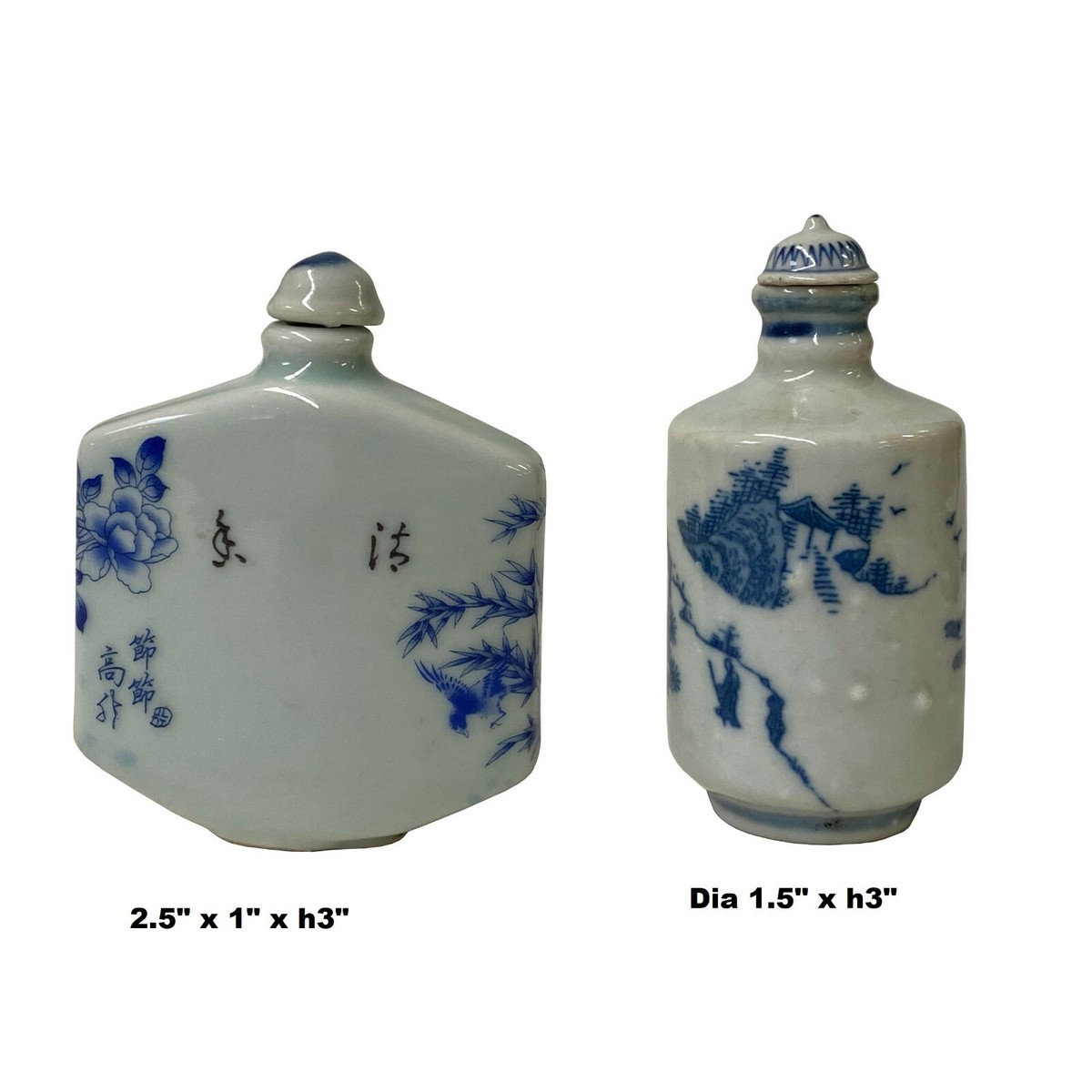 2 x Chinese Porcelain Snuff Bottle With Blue White Scenery Graphic ws1241S 2 x Chinese Porcelain Snuff Bottle With Blue White Scenery Graphic ws1241S