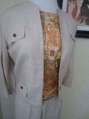 Vintage 1960's Novelty Print 3 pc Skirt Set Suit Skirt Shirt Ivory Orange Linen - Picture 3 of 12