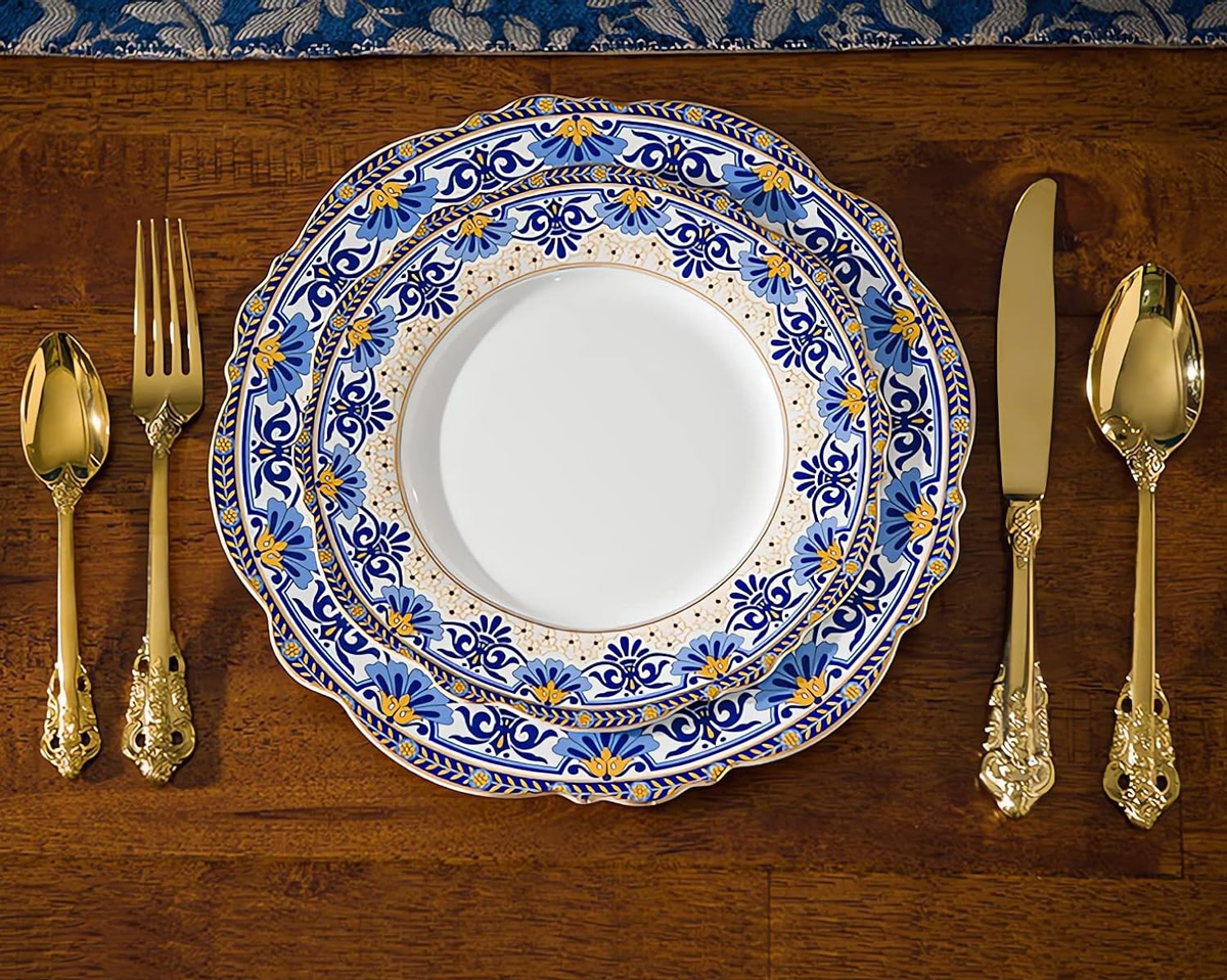 12-Piece Bone China Dinnerware Set, Blue and White Vintage Floral