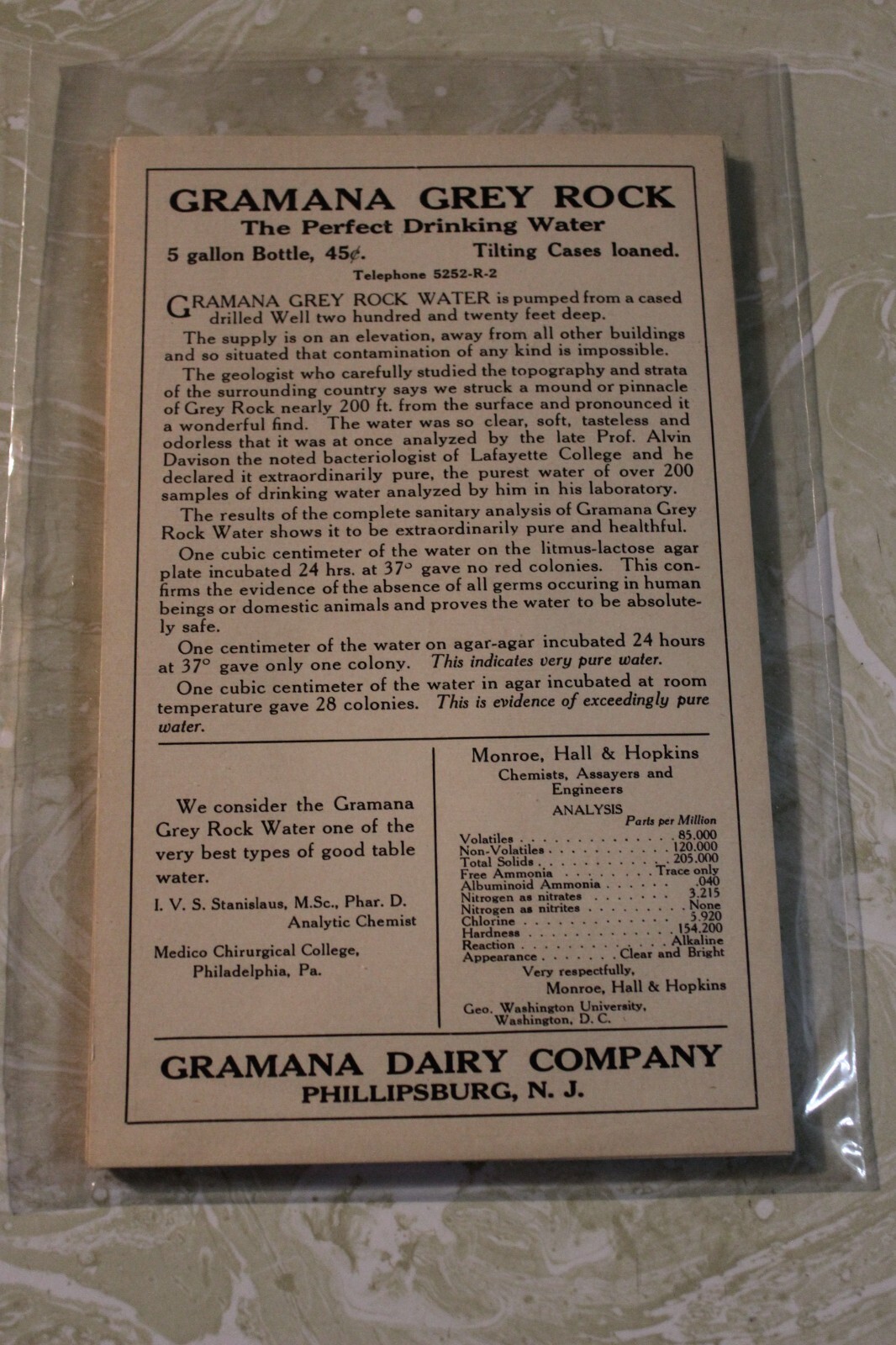 VTG. CARD FROM GRAMANA DAIRY COMPANY PHILLIPSBURG, NJ. GRAMANA GREY