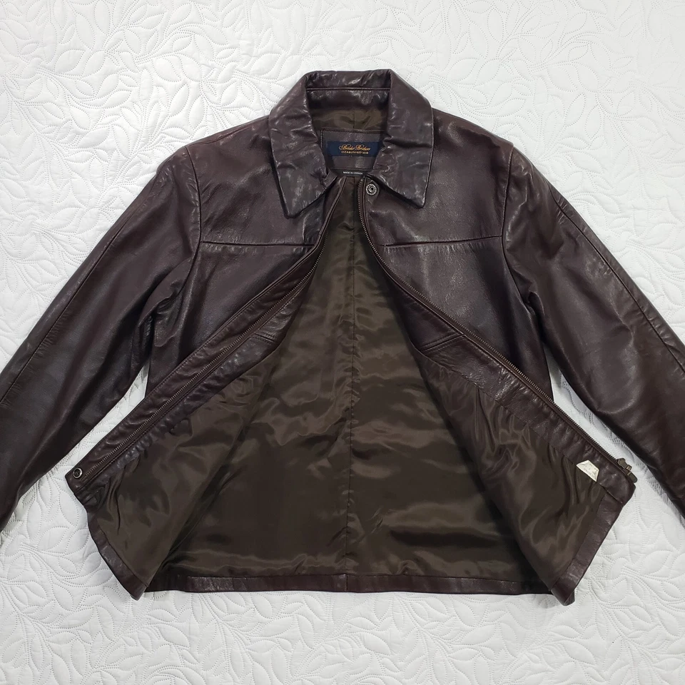 Chaqueta de cuero suave Brooks Brothers para mujer pequeña marrón con cremallera bolsillos con cuello Foto 3 de 4
