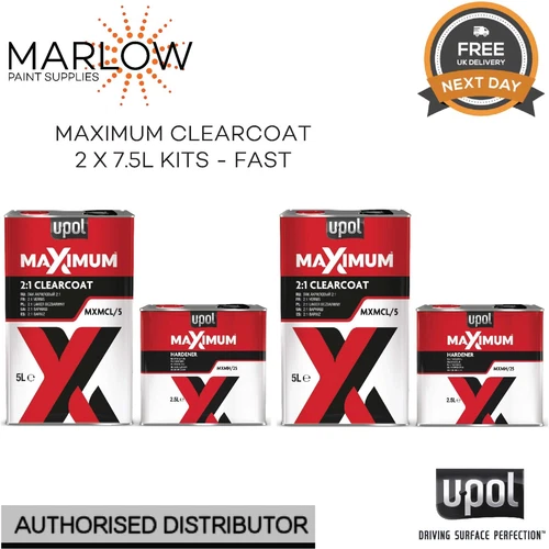 2 X UPOL MAXIMUM HS 2K CLEARCOAT LACQUER KIT 7.5L - WITH FAST HARDENER (15L KIT)