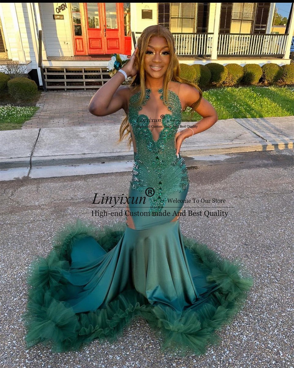 open lace back dress Dark Green Mermaid Floor Length Prom Dresses with Silver Beads main image 0