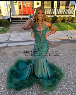 emerald green ruffle prom dress Green V Neck Open Back Layered Tulle Long Prom Dresses, Green Formal E –  Lwt Dress main image 1