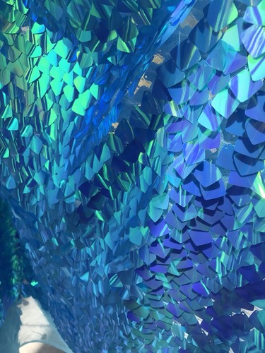 TURQUOISE IRIDESCENT SEQUINS-DRAGON SCALES EMBROIDER ON A MESH-SOLD BY THE YARD. - Picture 6 of 6