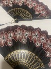 Pair Folding Hand Fans Black Red/White Floral, Gold Accents, Plastic Tassels — photo 2