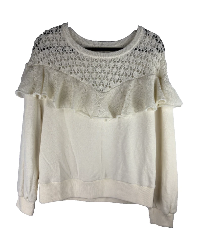 by Anthropologie Crochet Collar SzLarge Sweatshirt Cream Romantic Cottagecore - Image 2 of 4