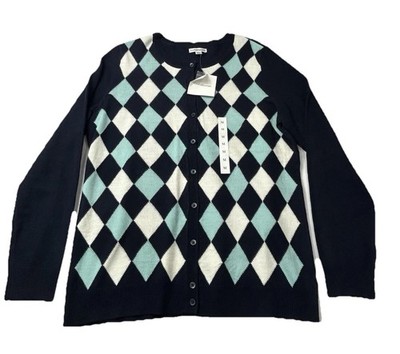 Croft Barrow Argyle Cardigan Sweater Womens Med Navy Blue Button Front Knit NWT